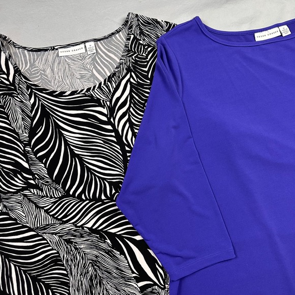 Lot of 2 Susan Graver Liquid Knit Tops 1X Purple Black Zebra‎ Print Asymmetrical - Picture 1 of 16